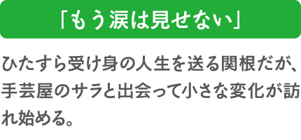 「もう涙は見せない」ひたすら受け身の人生を送る関根だが、手芸屋のサラと出会って小さな変化が訪れ始める。